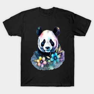 Fantasy, Watercolor, Panda Bear With Flowers and Butterflies T-Shirt